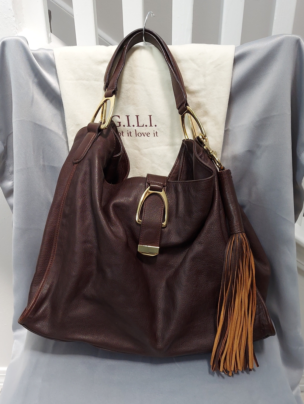 G.I.L.I. Leather Bag, Brown, Gold Stirrup Hardware, Double Handle, Tassel